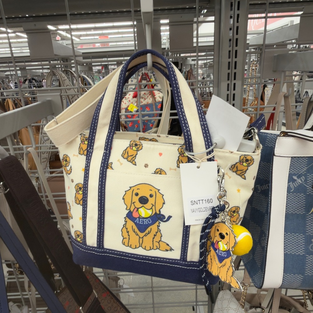 NEW ADORABLE AEROPOSTALE NAVY BLUE & WHITE GOLDEN RETRIEVER MINI TOTE PURSE